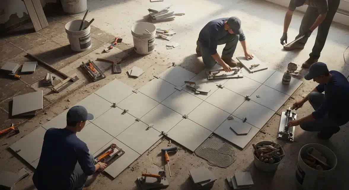 pose de carrelage sur ancien sol en rénovation