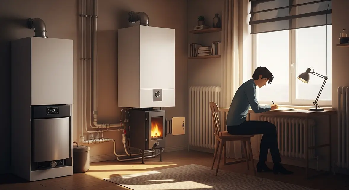 vue stylisee interieur cosy avec chaudière moderne et radiateurs