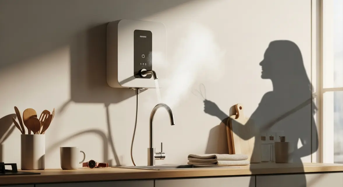 chauffe-eau mural moderne cuisine lumière matin avec vapeur