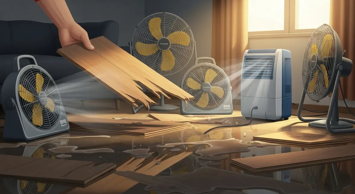 Main soulevant lame parquet stratifie inonde, ventilateurs, deshumidificateur