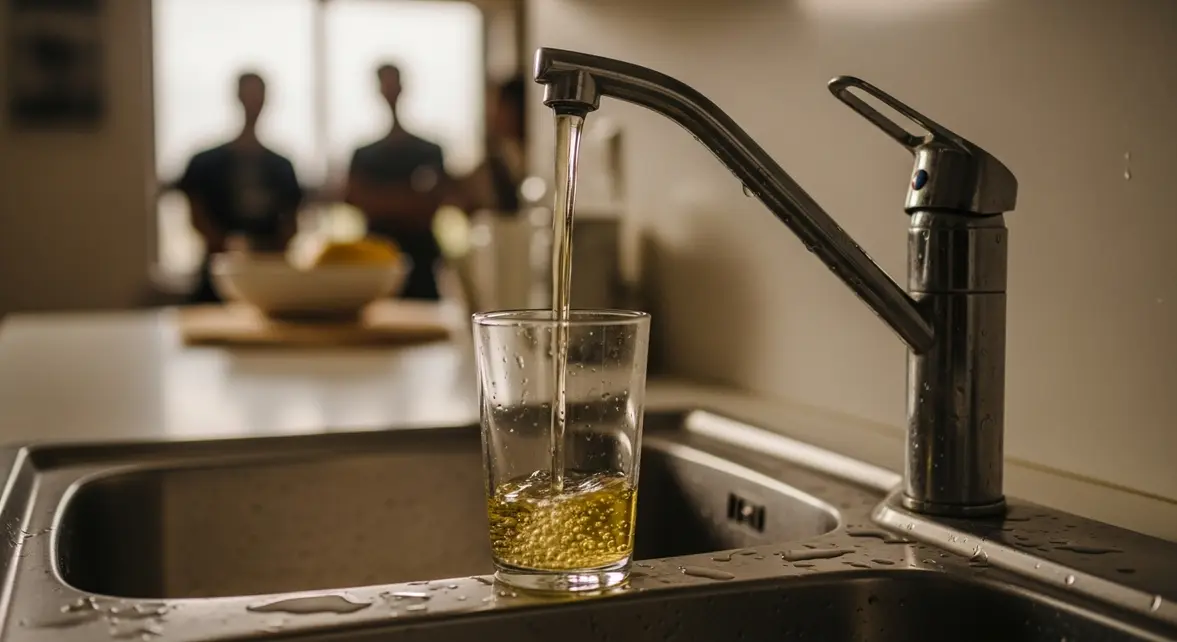 Eau jaune s'écoulant au robinet dans une cuisine