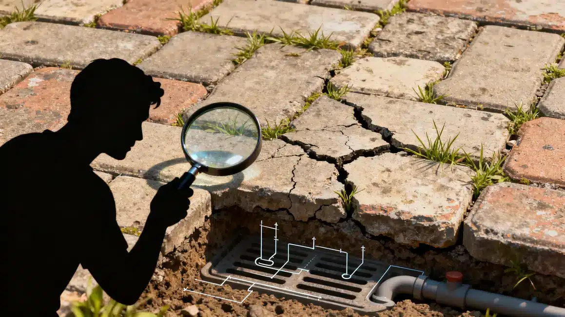 Inspection allee paves autobloquants fissures herbes joints