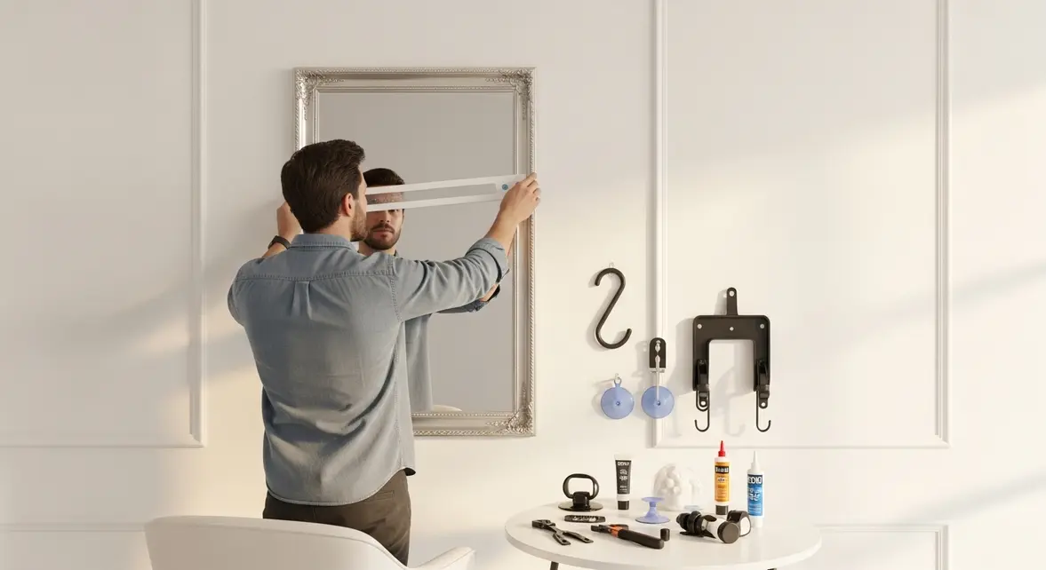 Homme accrochant un miroir sans percer, fixation sans perçage