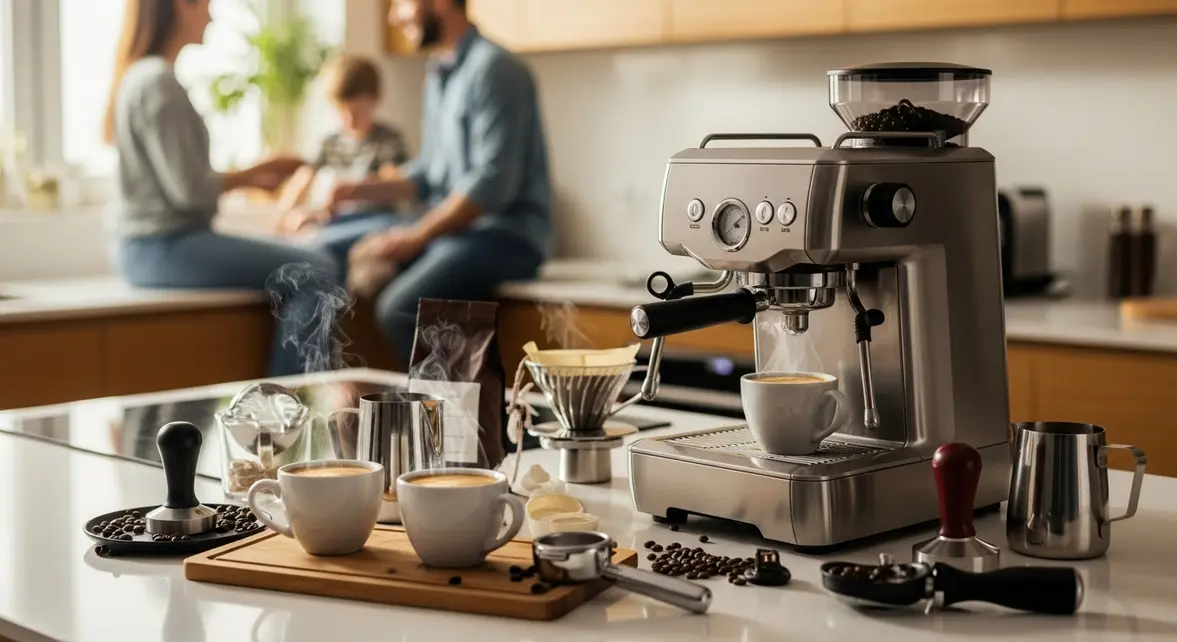 machine a cafe silvercrest sur table avec outils et pieces detachees
