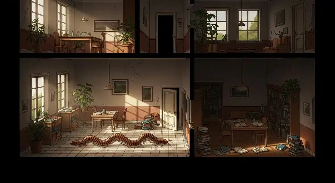 mille-pattes sur sol carrelé intérieur lumineux coins sombres