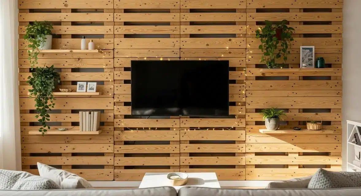 Mur TV palettes bois etagere deco LED