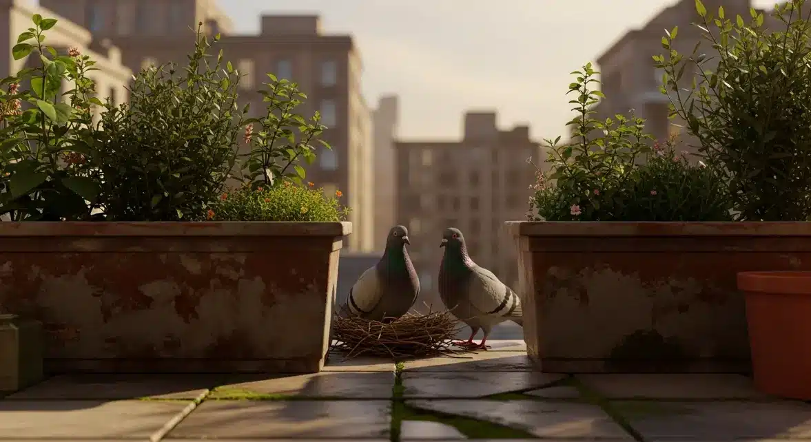 nid de pigeon visible sur balcon urbain