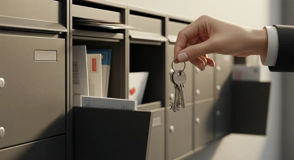 main tenant clés devant boîtes aux lettres
