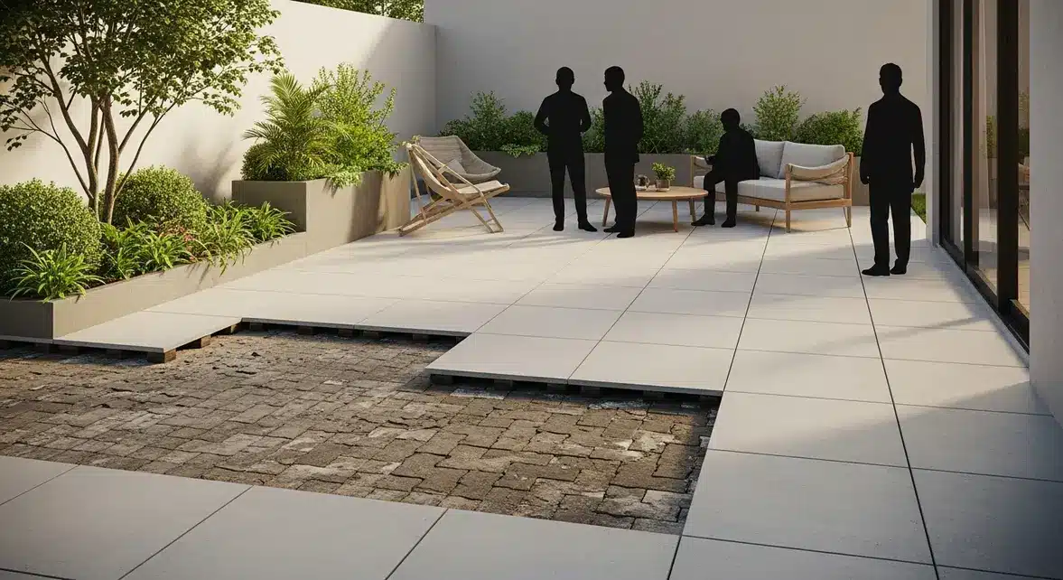 Vue d’un exterieur recouvert avec carrelage sur paves autobloquants