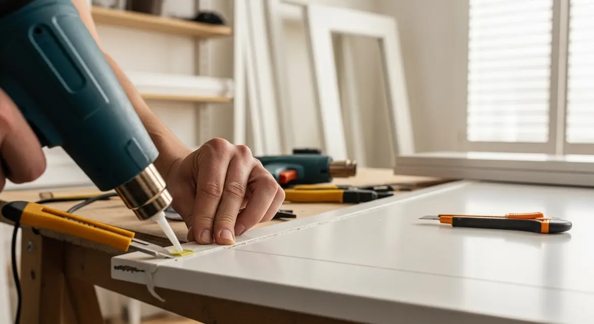 Mains réparant PVC blanc avec outils en atelier