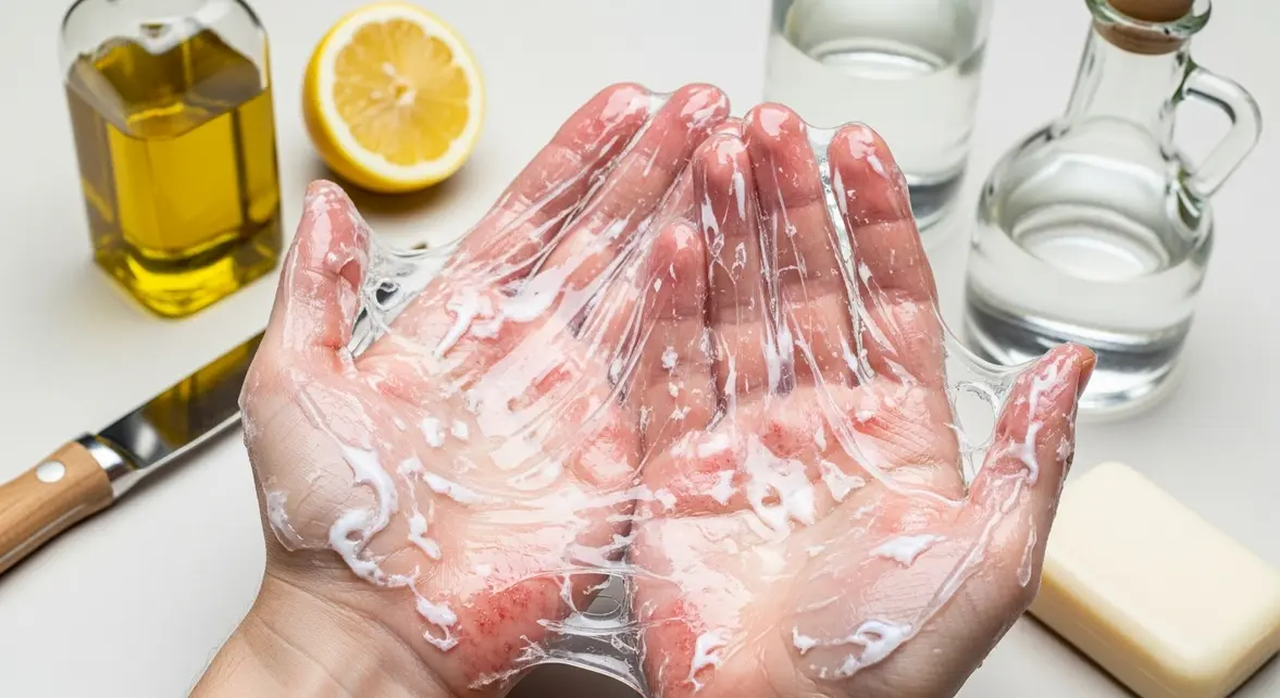 Mains avec silicone, produits pour enlever le silicone, texture collante visible