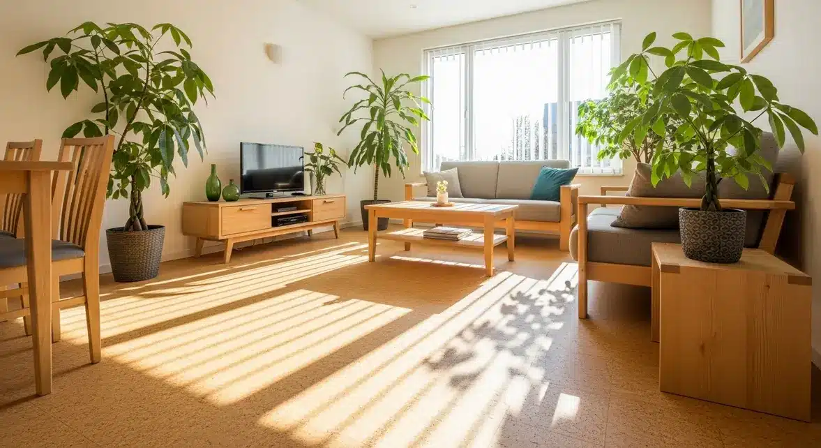 Salon parquet liege naturel, ambiance epuree et chaleureuse