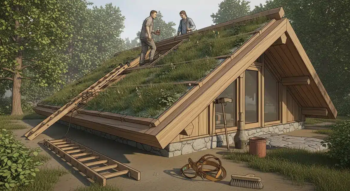 illustration toiture manouche bois vegetal avec outils