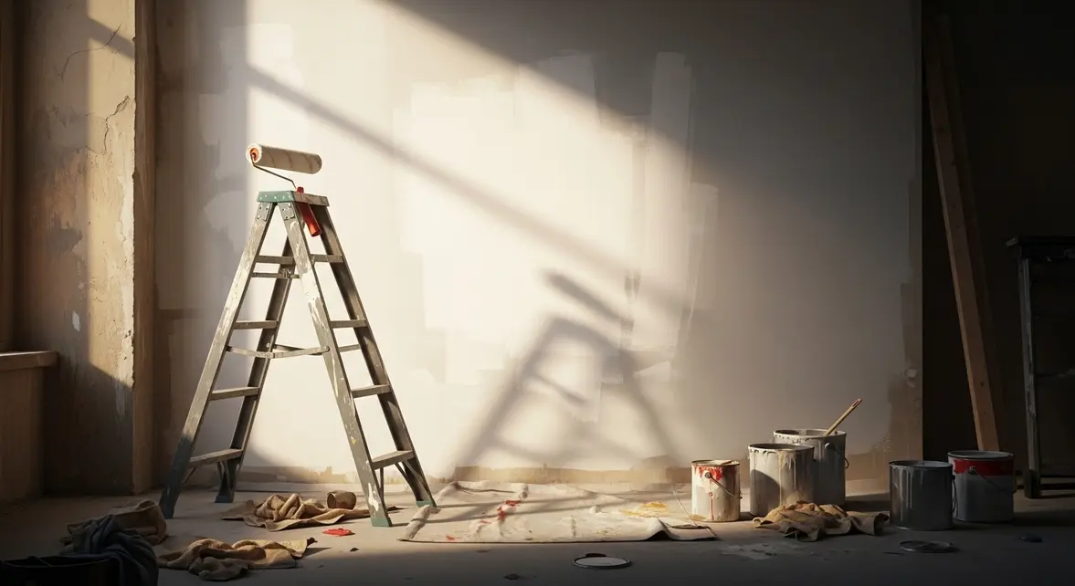 Traces de peinture sur mur blanc et rouleau
