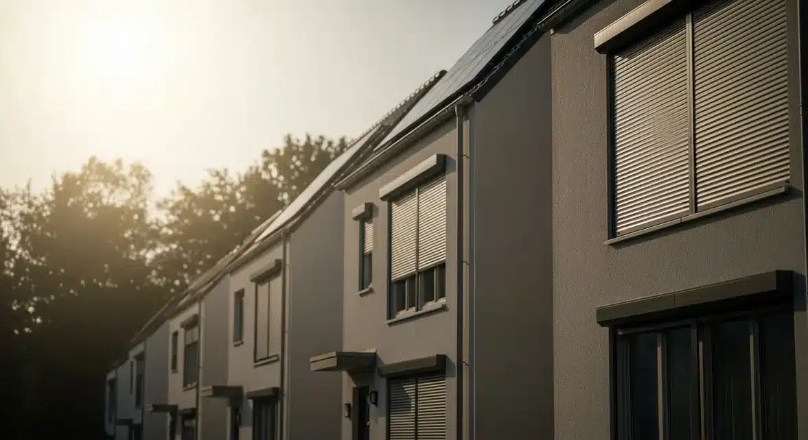 Maisons modernes avec volets roulants solaires et panneaux en facade