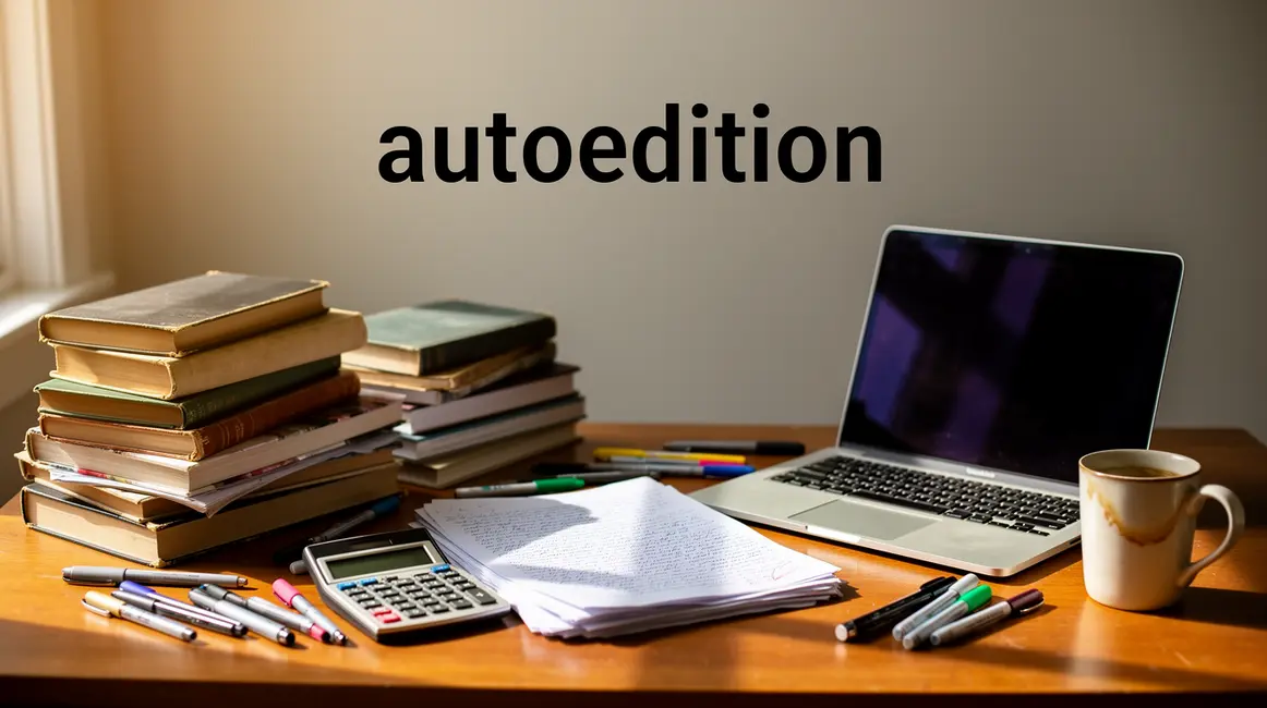 Plan de travail auteur autoedition avec livres et calculatrice