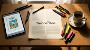 autoedition bureau avec manuscrit et tablette