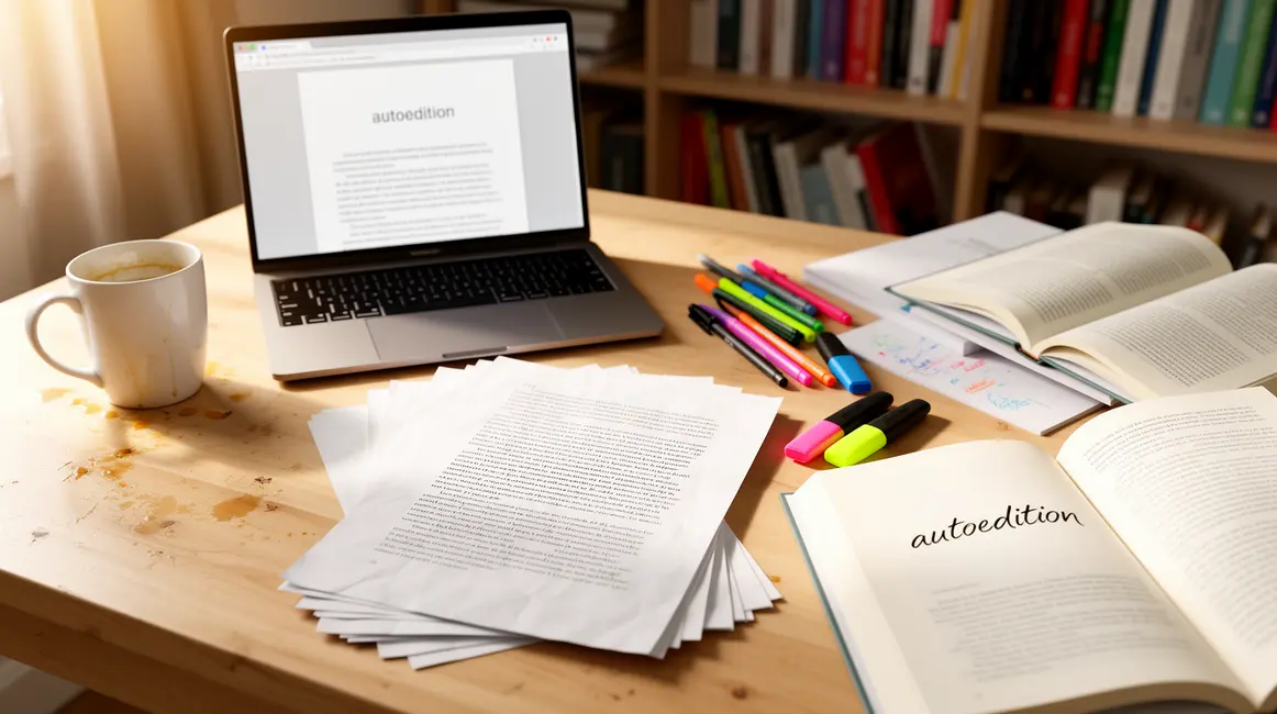 bureau autoedition manuscrit livre ordinateur tasse