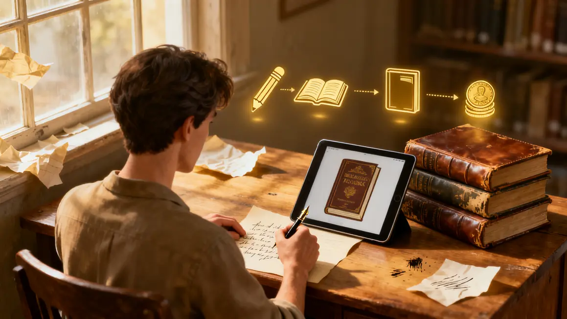Auteur autoédition devant bureau, manuscrit et outils