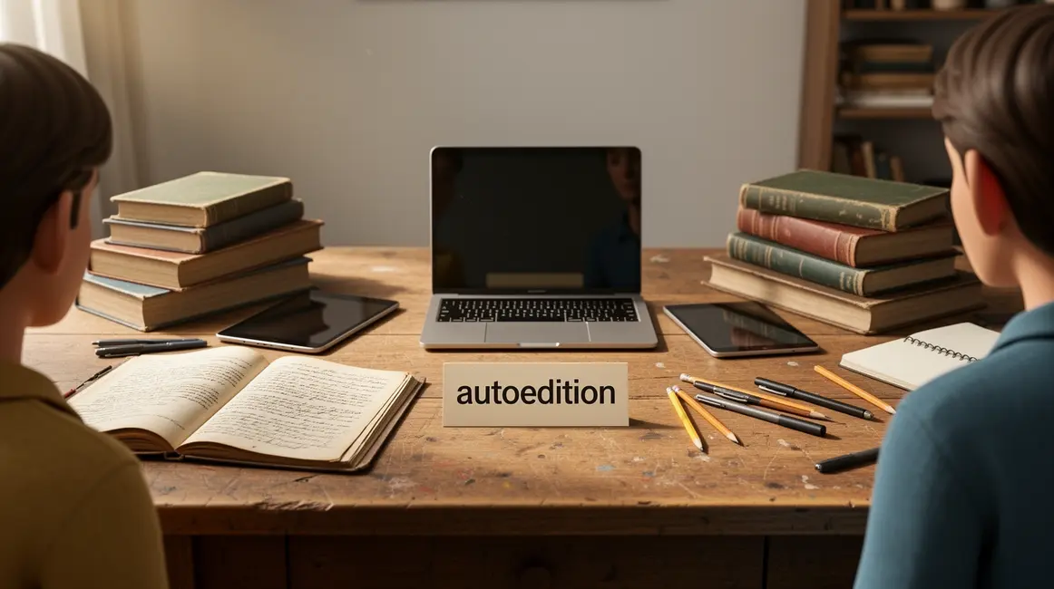 autoedition espace de travail avec manuscrit et outils
