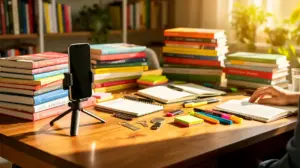 Bureau lumineux avec livres et smartphone filmant des couvertures BookTok