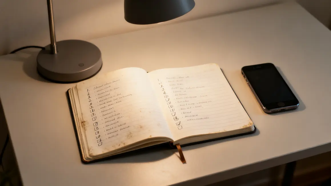 Checklist BookTok avec carnet smartphone lampe