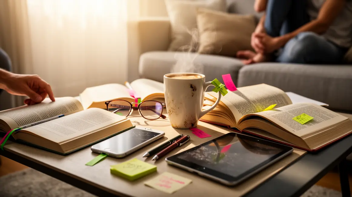 Visuel BookTok table basse livres et smartphone