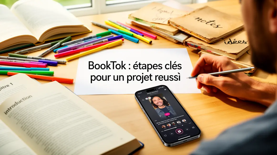 Bureau lumineux avec livres et smartphone vidéo BookTok
