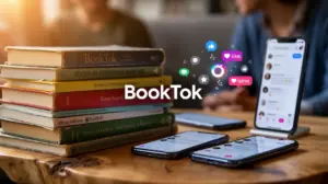 pile de livres BookTok avec smartphones et logos réseaux