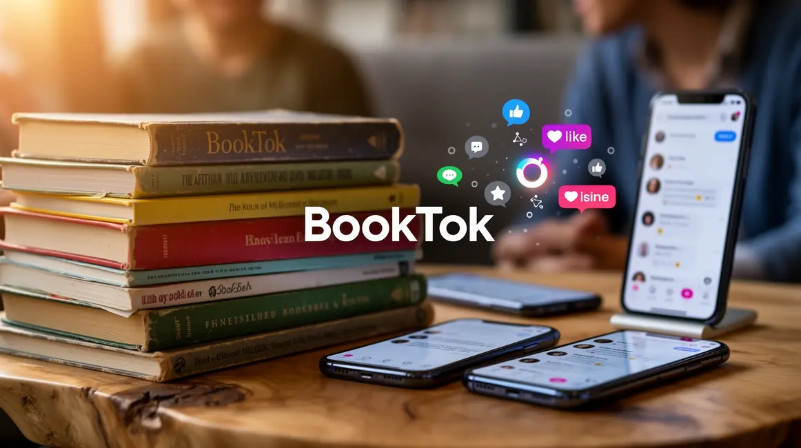 pile de livres BookTok avec smartphones et logos réseaux