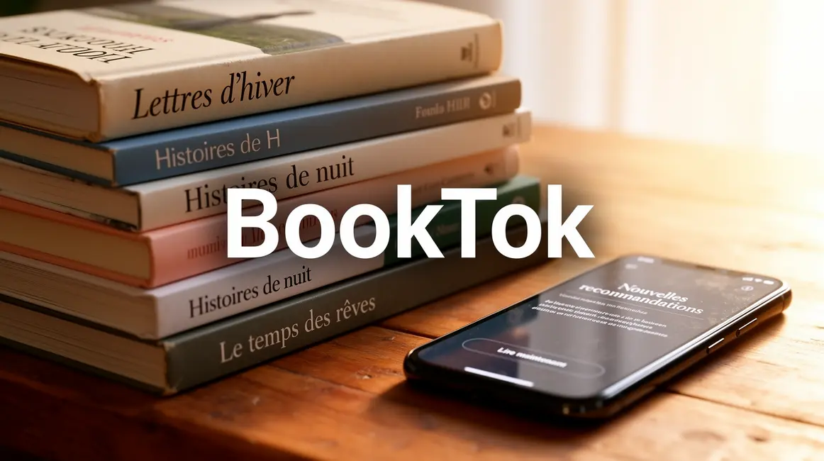 Pile de livres modernes et smartphone BookTok sur table bois