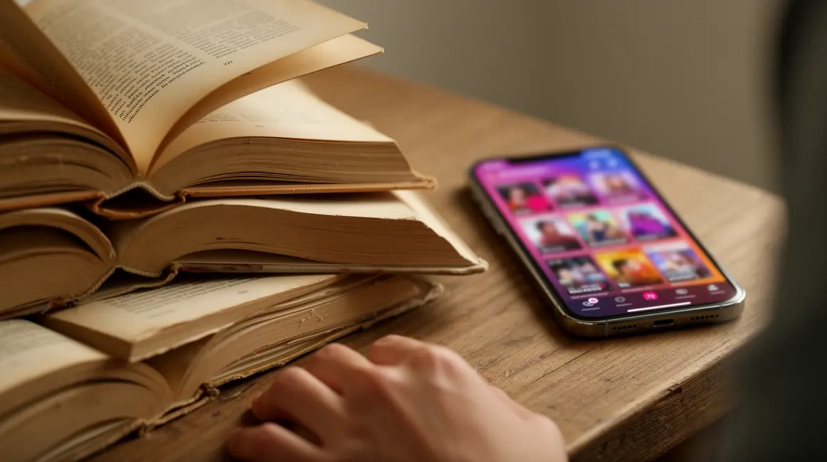 Pile de livres, smartphone avec BookTok