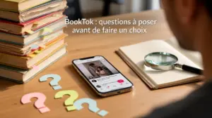 Bureau avec livres smartphone et loupe BookTok questions à poser