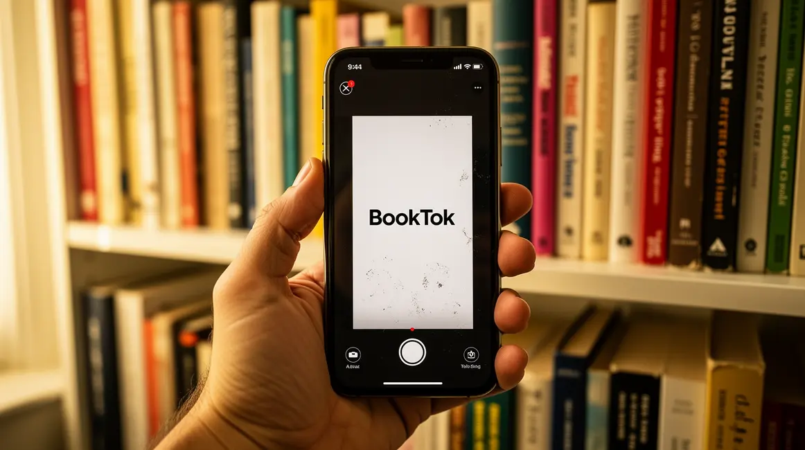main tenant smartphone BookTok devant livres