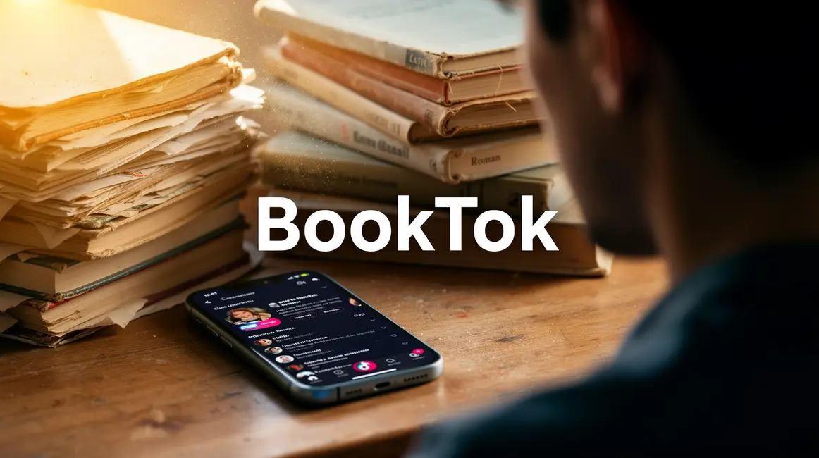 Smartphone TikTok entouré de livres, BookTok