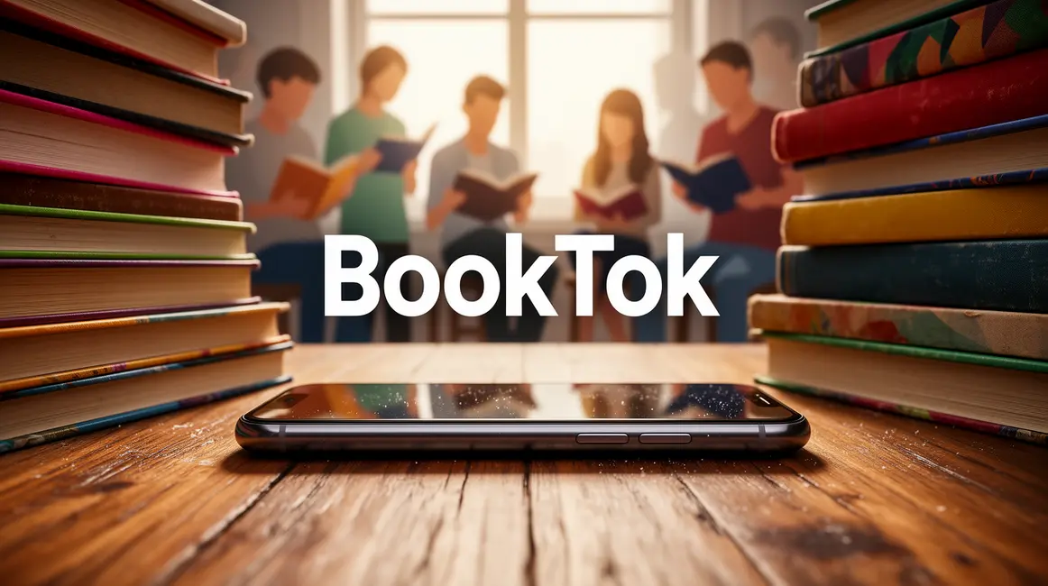 Smartphone BookTok entouré de livres