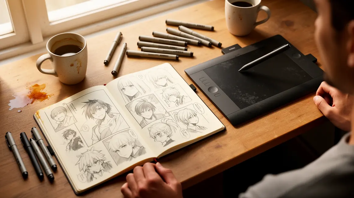 bureau avec carnet et dessins manga independant