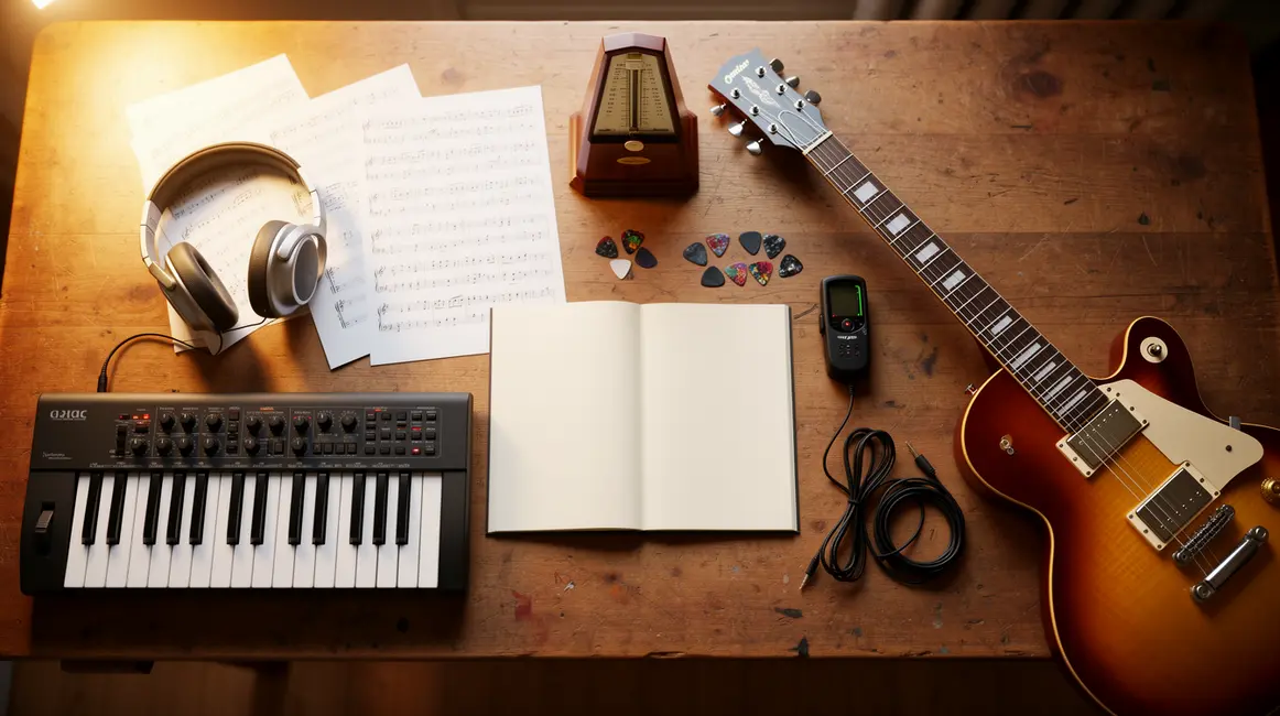 bureau organise avec accessoires musique pour debuter