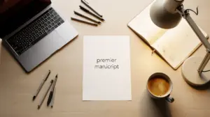 bureau minimaliste avec manuscrit ordinateur cafe