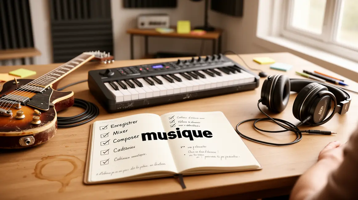bureau musicien avec instruments et checklist
