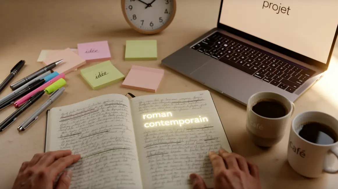 bureau structuré avec carnet notes roman contemporain