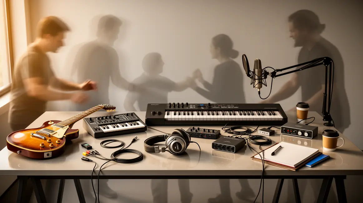 table travail, instruments musique, accessoires, musique lumineux