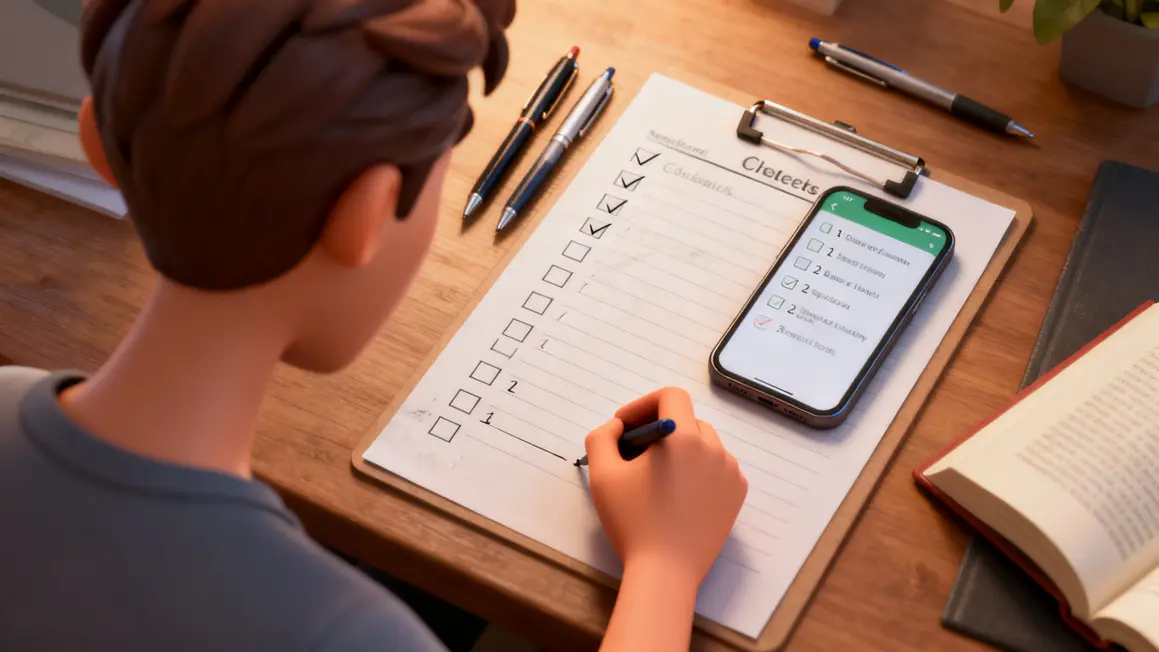 table travail checklist cochee stylos smartphone livre