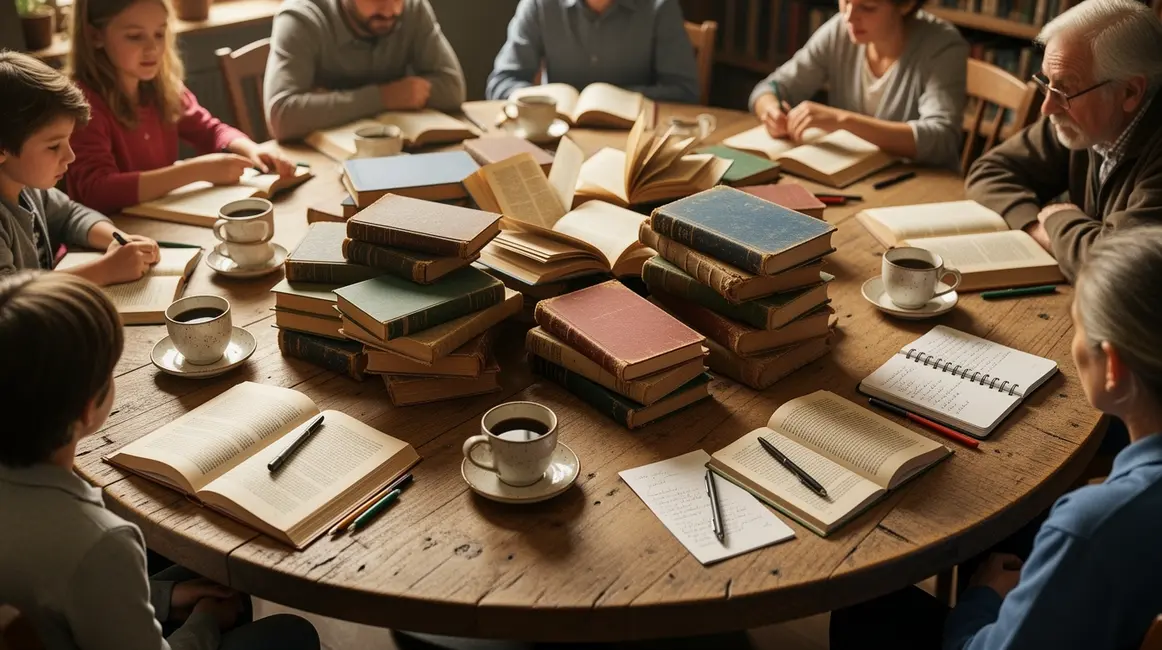 club de lecture autour d'une table avec livres et cafe