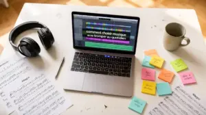 bureau moderne avec casque partitions et ordinateur sonore