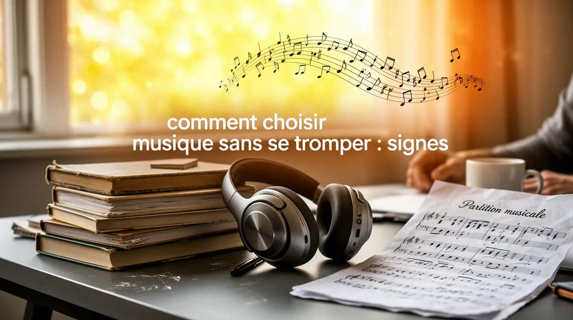Bureau avec casque et livres sur comment choisir musique signes