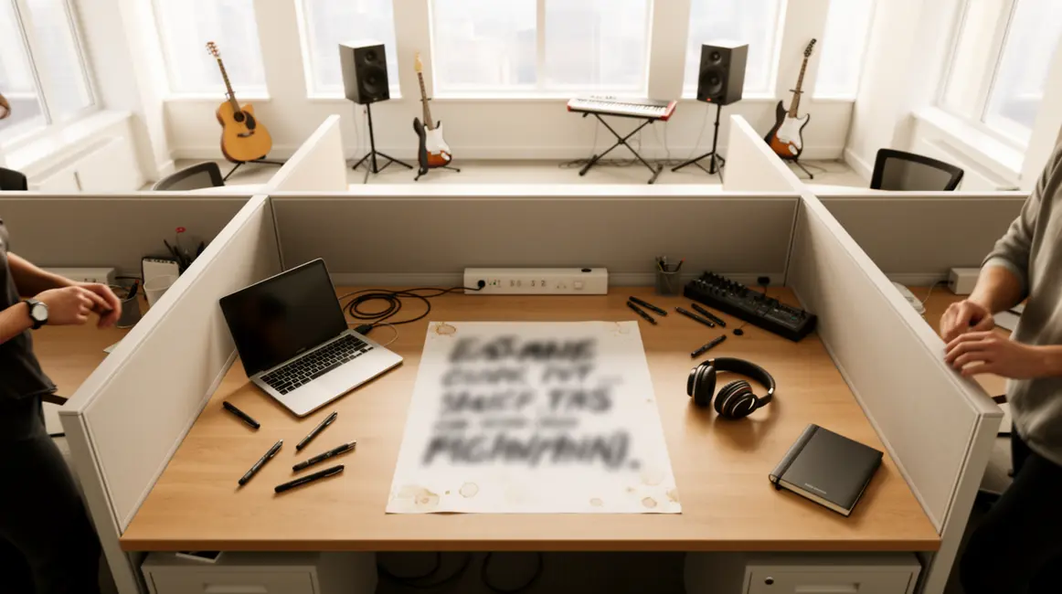 Bureau lumineux, casque audio, partitions et instruments, feuille comment choisir musique sans se tromper