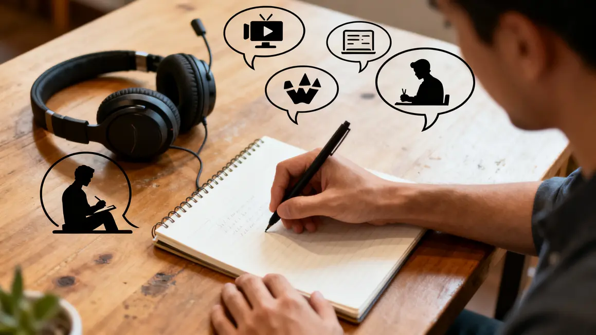 bureau avec casque, carnet et usages musicaux video evenement travail