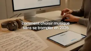 bureau moderne avec ordinateur et partitions sur comment choisir musique sans se tromper en 2026