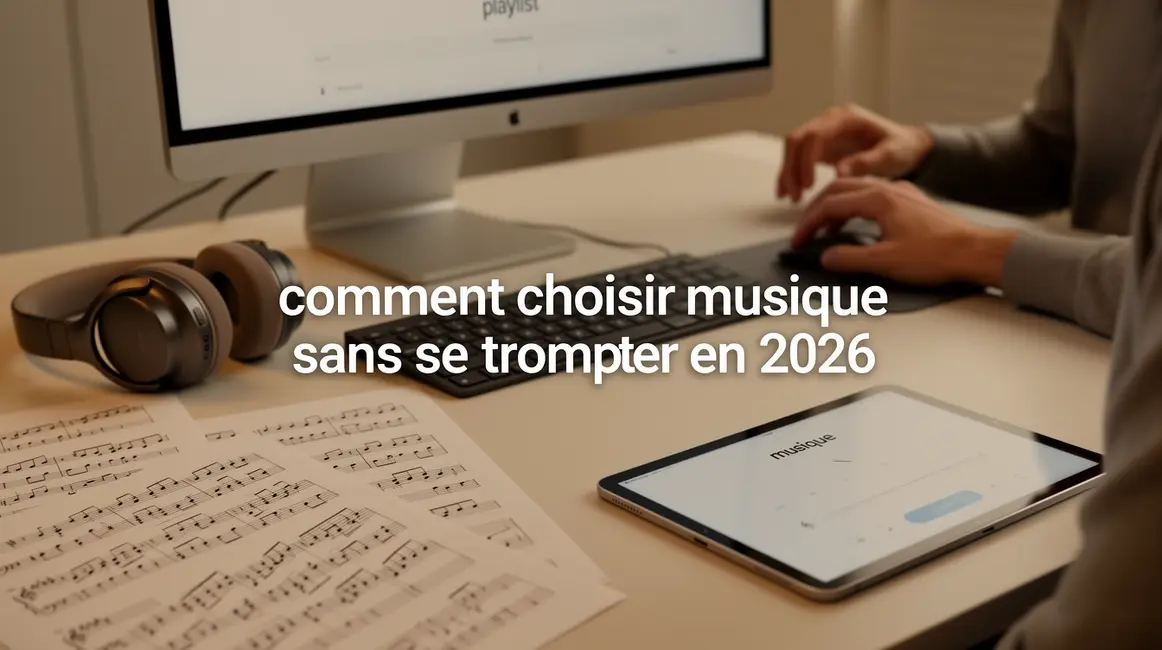 bureau moderne avec ordinateur et partitions sur comment choisir musique sans se tromper en 2026